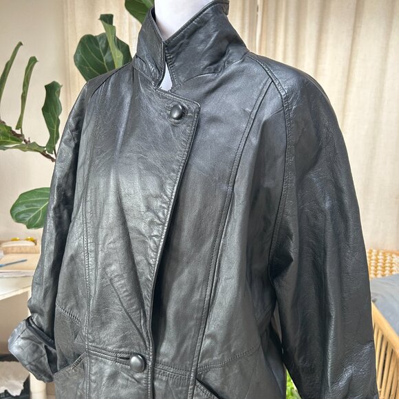 Vintage 90s Matrix Grunge Trench Coat Genuine Leather Black Oversized Women's M - Picture 6 of 16